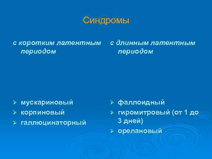 Синдромы с коротким латентным периодом с длинным латентным периодом мускариновый Ø корпиновый Ø галлюцинаторный