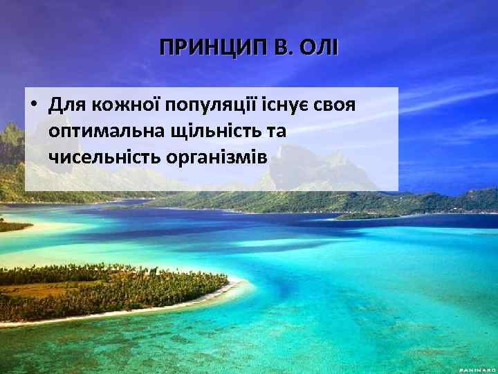 ПРИНЦИП В. ОЛІ • Для кожної популяції існує своя оптимальна щільність та чисельність організмів