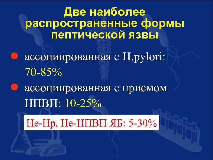 Две наиболее распространенные формы пептической язвы l ассоциированная с H. pylori: 70 -85% l