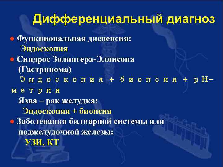 Дифференциальный диагноз Функциональная диспепсия: Эндоскопия l Синдрос Золингера-Эллисона (Гастринома) Эндоскопия + биопсия + р.