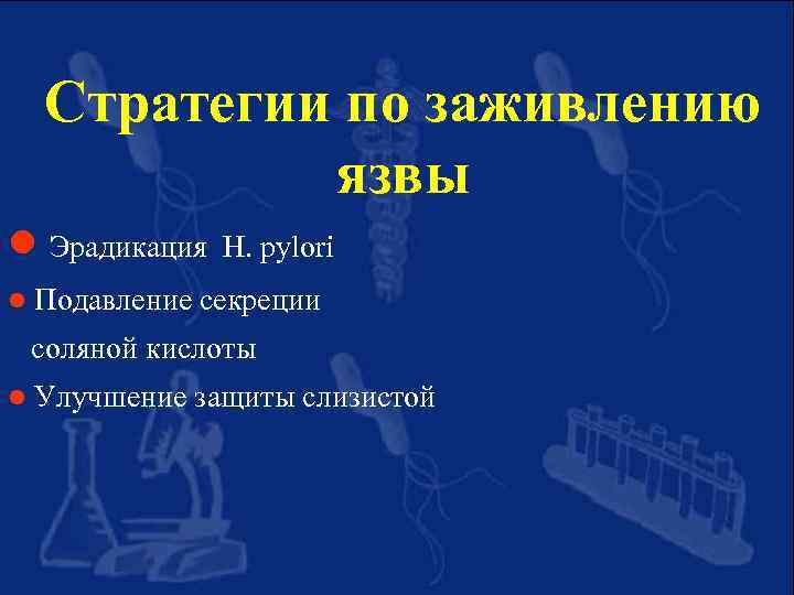 Стратегии по заживлению язвы l l Эрадикация H. pylori Подавление секреции соляной кислоты l