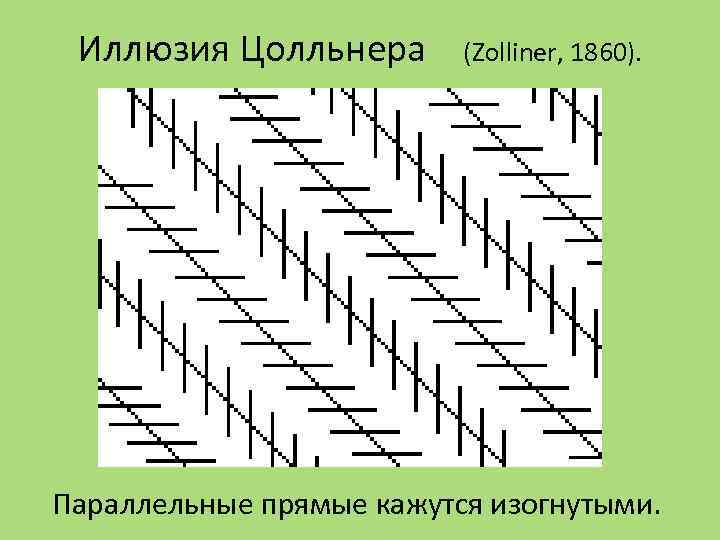Иллюзия Цолльнера (Zolliner, 1860). Параллельные прямые кажутся изогнутыми. 