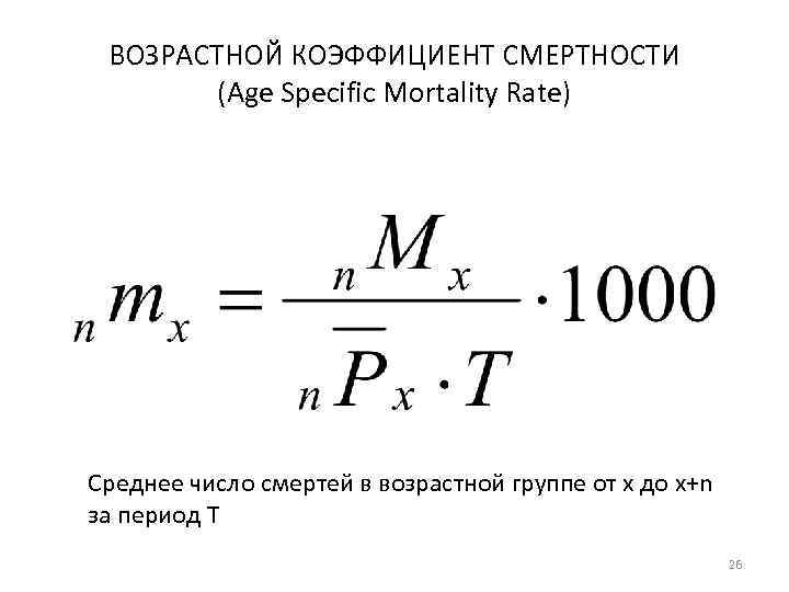ВОЗРАСТНОЙ КОЭФФИЦИЕНТ СМЕРТНОСТИ (Аge Specific Mortality Rate) Среднее число смертей в возрастной группе от