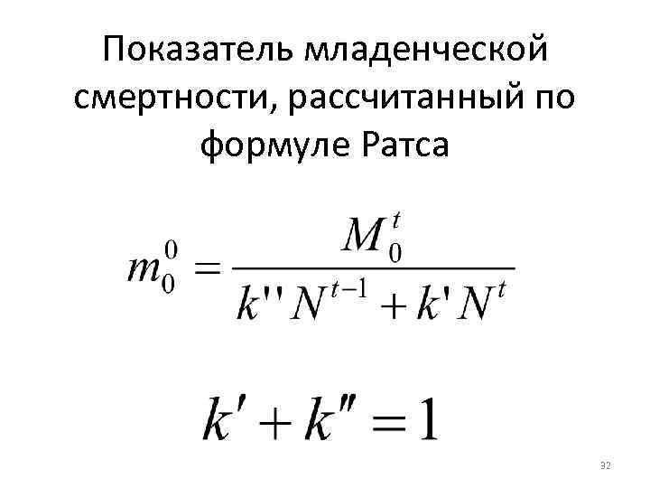 Показатель младенческой смертности, рассчитанный по формуле Ратса 32 