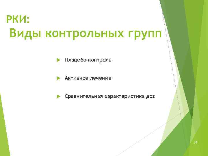 РКИ: Виды контрольных групп Плацебо-контроль Активное лечение Сравнительная характеристика доз 14 