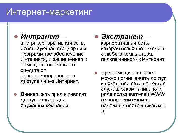 Интернет маркетинг l Интранет — внутрикорпоративная сеть, использующая стандарты и программное обеспечение Интернета, и