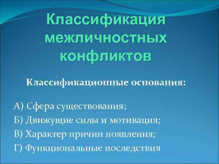 Классификация межличностных конфликтов Классификационные основания: А) Сфера существования; Б) Движущие силы и мотивация; В)