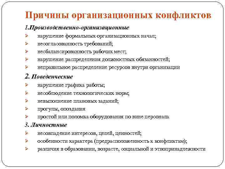 Причины организационных конфликтов 1. Производственно-организационные Ø Ø Ø нарушение формальных организационных начал; несогласованность требований;