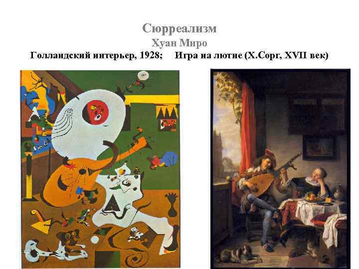 Сюрреализм Хуан Миро Голландский интерьер, 1928; Игра на лютне (Х. Сорг, XVII век) 