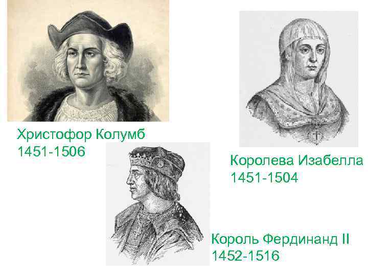 Христофор Колумб 1451 -1506 Королева Изабелла 1451 -1504 Король Фердинанд II 1452 -1516 