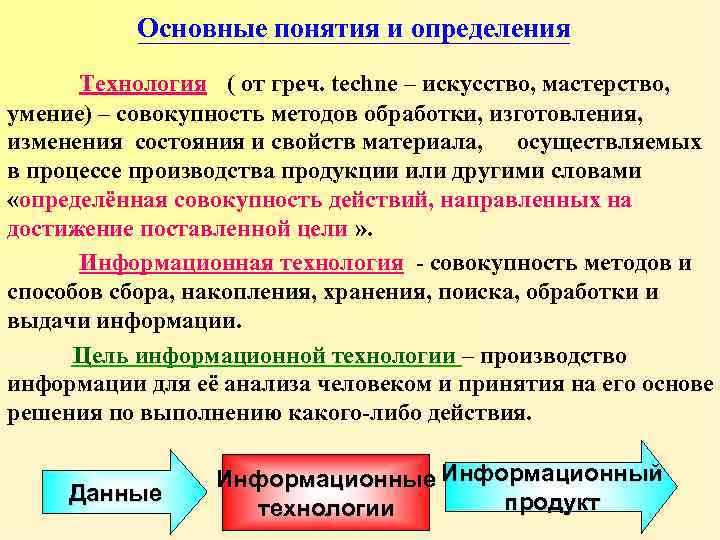Основные понятия и определения Технология ( от греч. techne – искусство, мастерство, умение) –