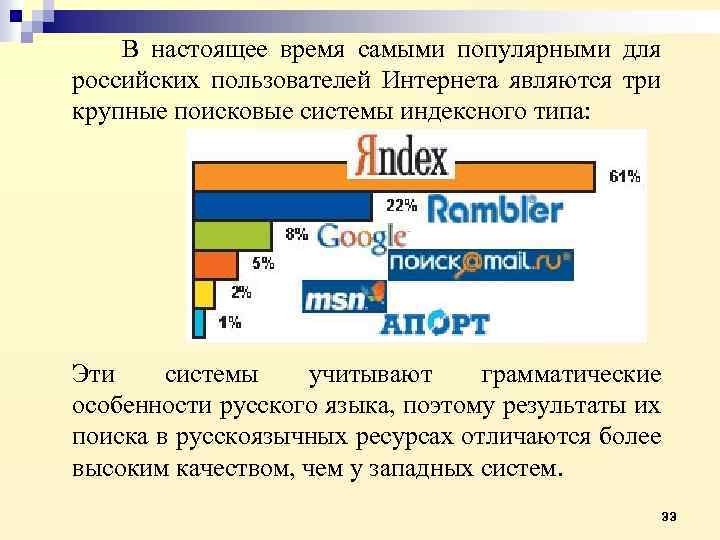 В настоящее время самыми популярными для российских пользователей Интернета являются три крупные поисковые системы
