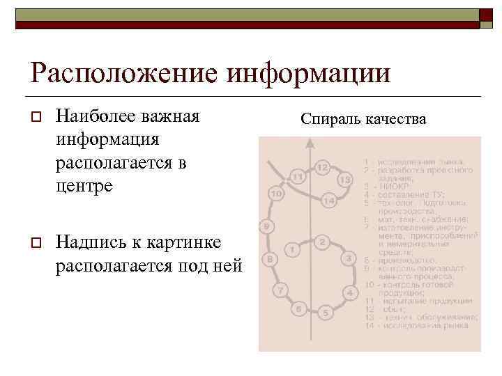 Расположение информации o Наиболее важная информация располагается в центре o Надпись к картинке располагается
