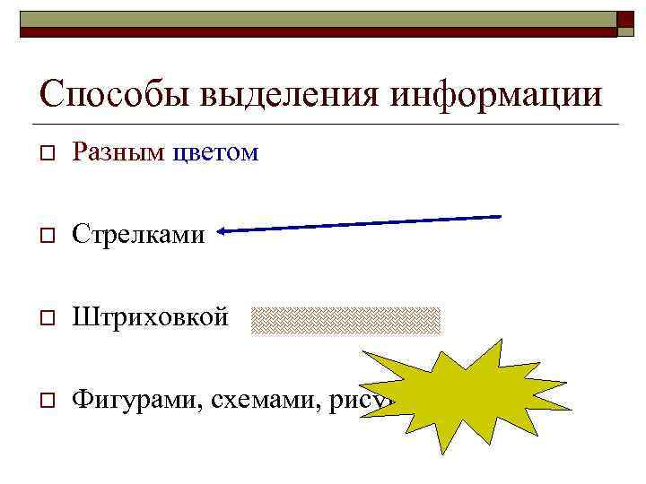 Способы выделения информации o Разным цветом o Стрелками o Штриховкой o Фигурами, схемами, рисунками
