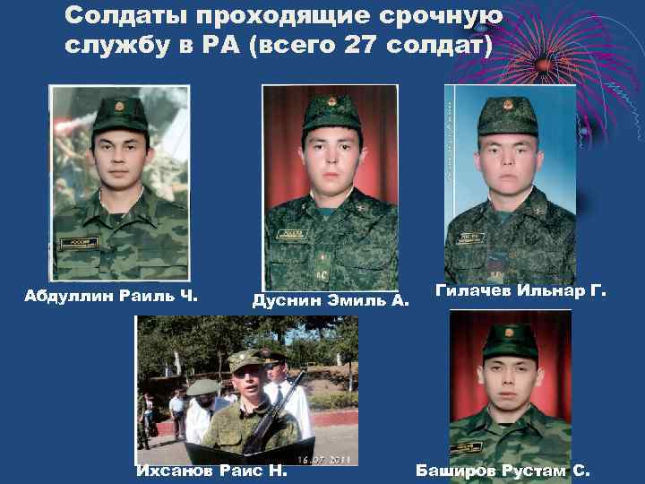 Солдаты проходящие срочную службу в РА (всего 27 солдат) Абдуллин Раиль Ч. Дуснин Эмиль