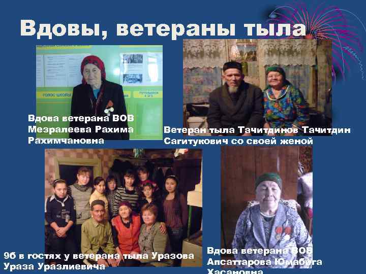 Вдовы, ветераны тыла Вдова ветерана ВОВ Мезралеева Рахимчановна Ветеран тыла Тачитдинов Тачитдин Сагитукович со