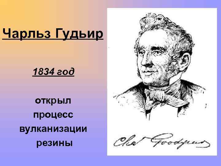 Чарльз Гудьир 1834 год открыл процесс вулканизации резины 