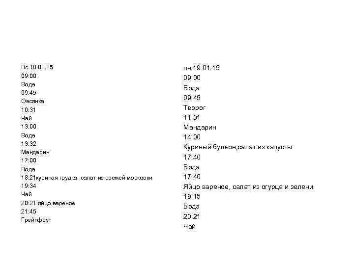 Вс. 18. 01. 15 09: 00 Вода 09: 45 Овсянка 10: 31 Чай 13: