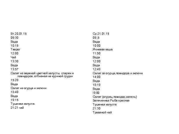 Вт. 20. 01. 15 09: 30 Вода 10: 15 Творог 12: 00 Чай 13: