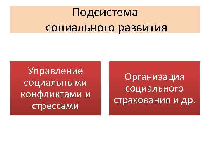 Подсистема социального развития Управление социальными конфликтами и стрессами Организация социального страхования и др. 