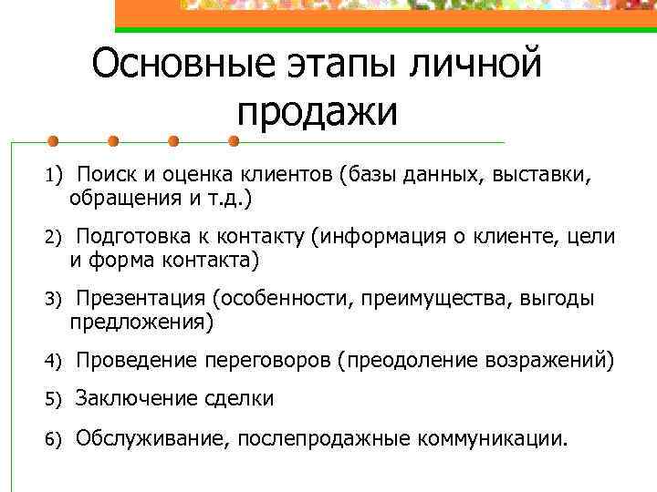 Основные этапы личной продажи 1) Поиск и оценка клиентов (базы данных, выставки, обращения и