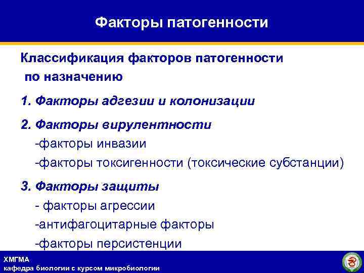 Факторы патогенности Классификация факторов патогенности по назначению 1. Факторы адгезии и колонизации 2. Факторы