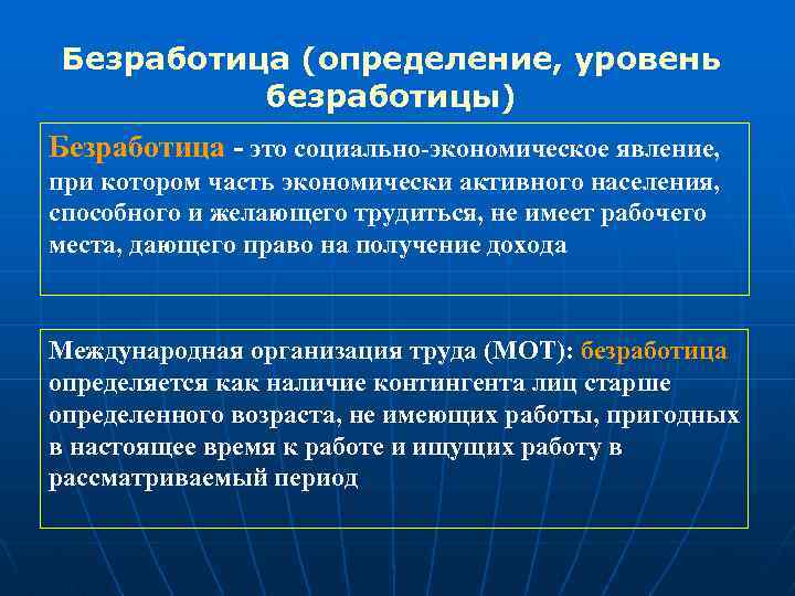 Безработица (определение, уровень безработицы) Безработица - это социально-экономическое явление, при котором часть экономически активного