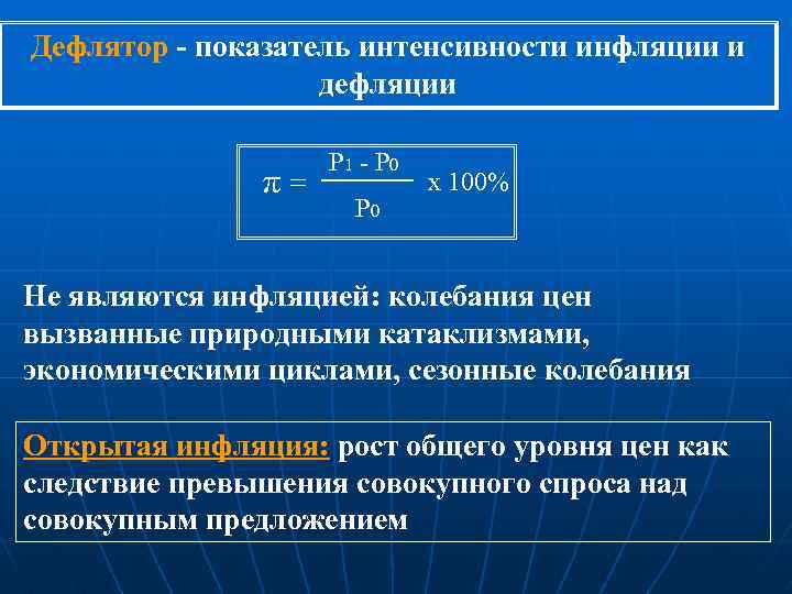 Дефлятор - показатель интенсивности инфляции и дефляции π= Р 1 - Р 0 х