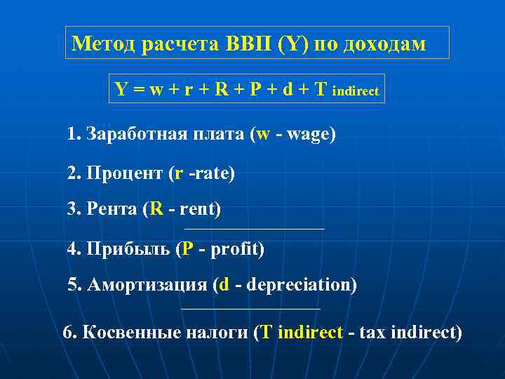 Метод расчета ВВП (Y) по доходам Y = w + r + R +