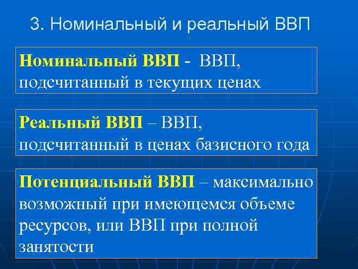 3. Номинальный и реальный ВВП Номинальный ВВП - ВВП, подсчитанный в текущих ценах Реальный