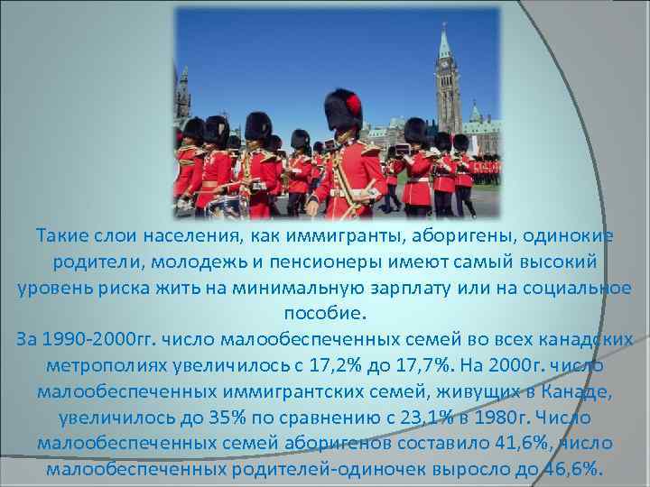 Такие слои населения, как иммигранты, аборигены, одинокие родители, молодежь и пенсионеры имеют самый высокий