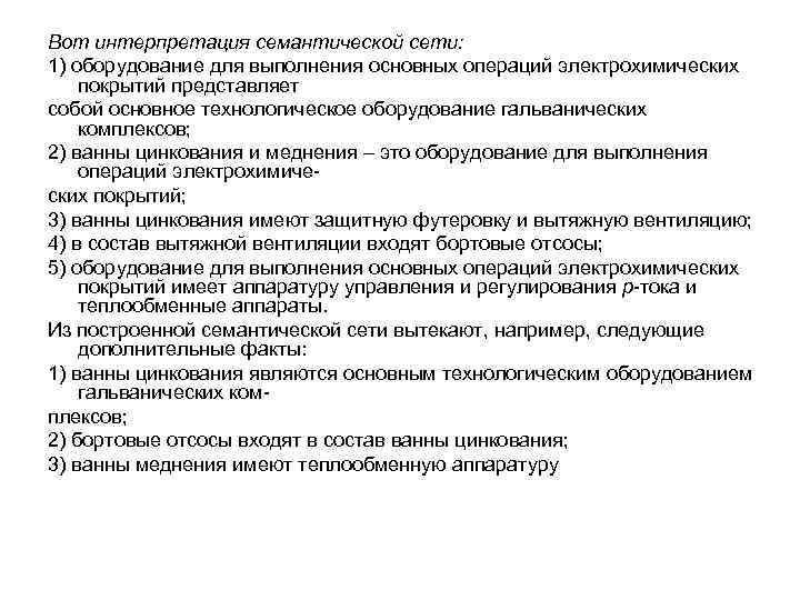 Вот интерпретация семантической сети: 1) оборудование для выполнения основных операций электрохимических покрытий представляет собой