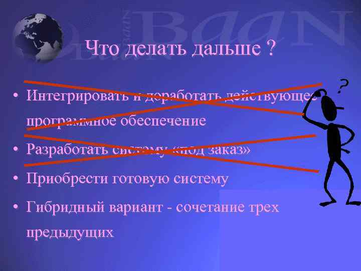 Что делать дальше ? • Интегрировать и доработать действующее программное обеспечение • Разработать систему