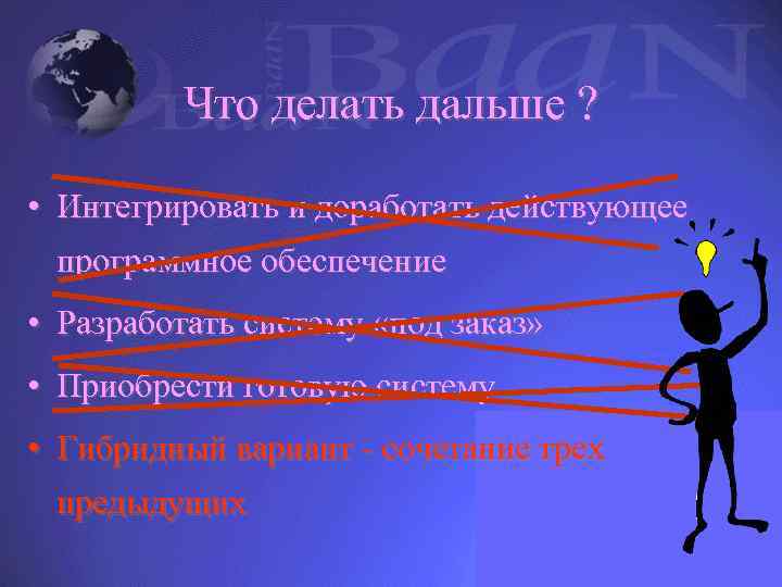 Что делать дальше ? • Интегрировать и доработать действующее программное обеспечение • Разработать систему