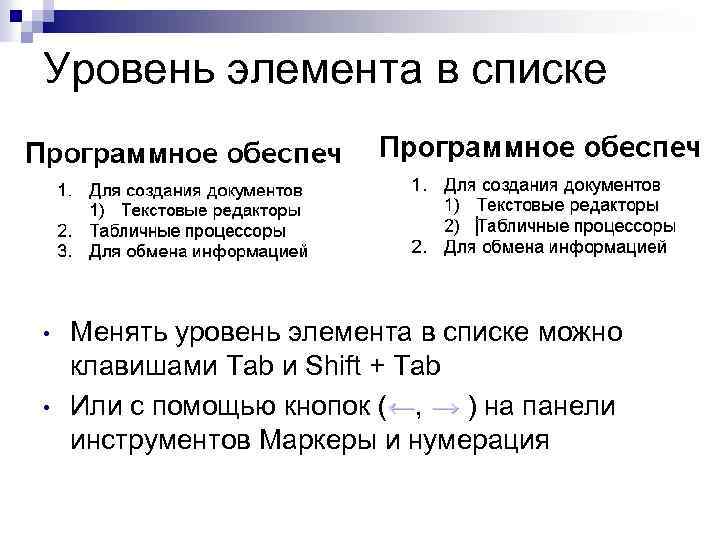 Уровень элемента в списке • • Менять уровень элемента в списке можно клавишами Tab