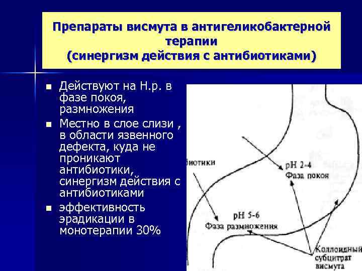 Препараты висмута в антигеликобактерной терапии (синергизм действия с антибиотиками) n n n Действуют на