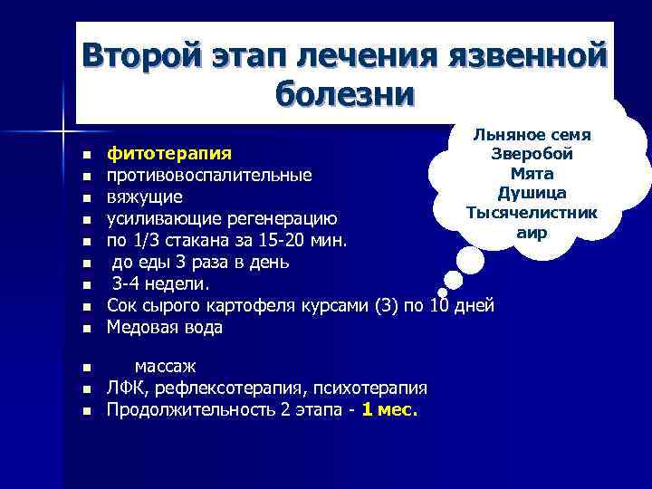 Второй этап лечения язвенной болезни n n n Льняное семя Зверобой Мята Душица Тысячелистник