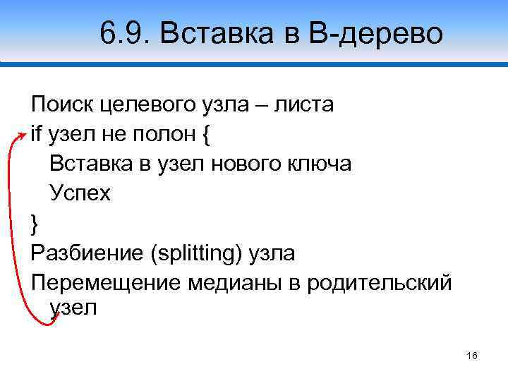 6. 9. Вставка в 1 В-дерево Случай Поиск целевого узла – листа if узел