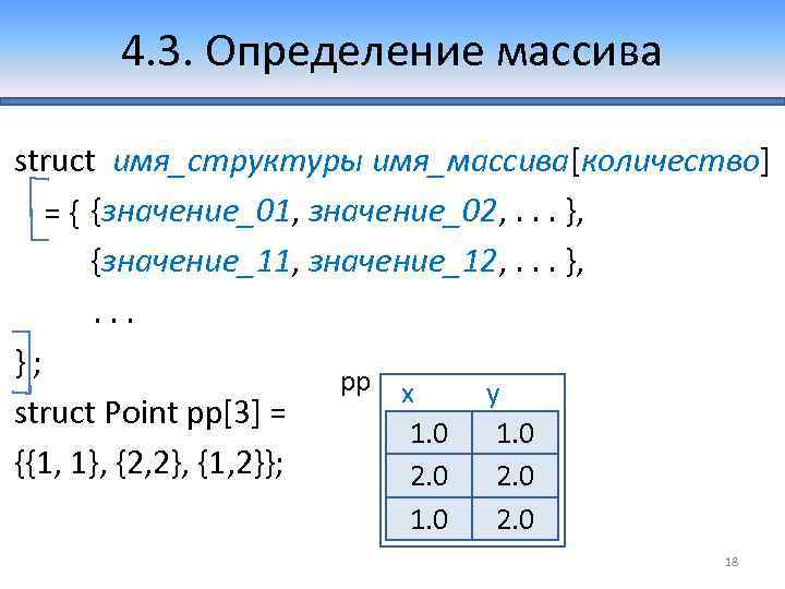 4. 3. Определение массива struct имя_структуры имя_массива[количество] = { {значение_01, значение_02, . . .