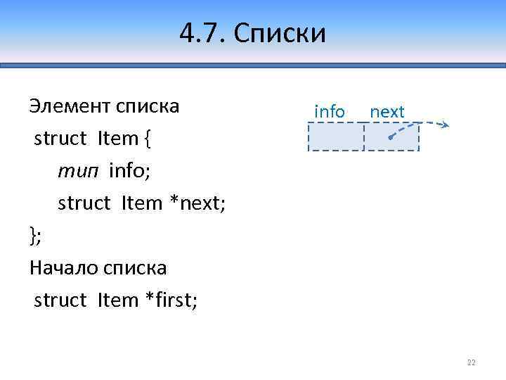 4. 7. Списки Элемент списка struct Item { тип info; struct Item *next; };