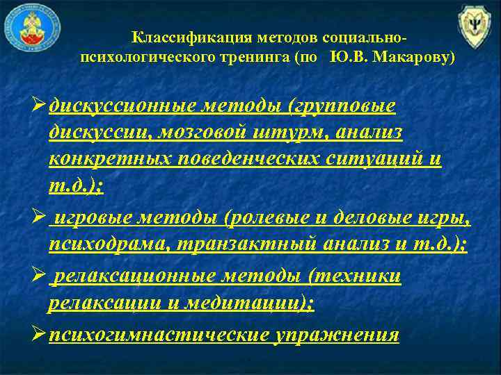  Классификация методов социальнопсихологического тренинга (по Ю. В. Макарову) Ø дискуссионные методы (групповые дискуссии,
