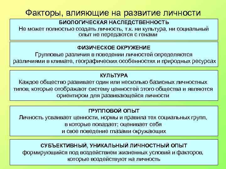 Факторы, влияющие на развитие личности БИОЛОГИЧЕСКАЯ НАСЛЕДСТВЕННОСТЬ Не может полностью создать личность, т. к.