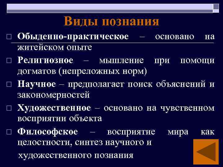 Виды познания o o o Обыденно-практическое – основано на житейском опыте Религиозное – мышление