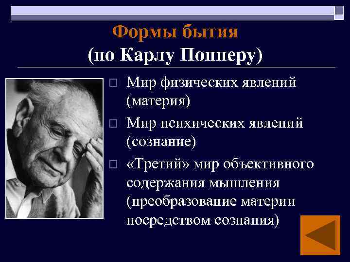 Формы бытия (по Карлу Попперу) o o o Мир физических явлений (материя) Мир психических