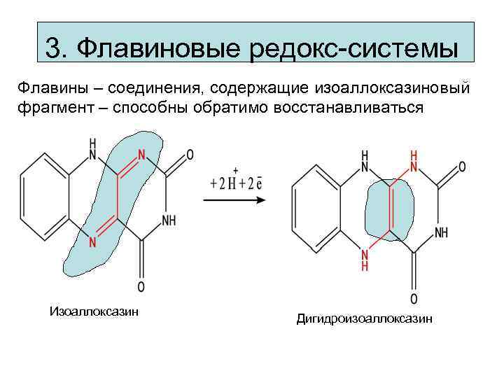 3. Флавиновые редокс-системы Флавины – соединения, содержащие изоаллоксазиновый фрагмент – способны обратимо восстанавливаться Изоаллоксазин