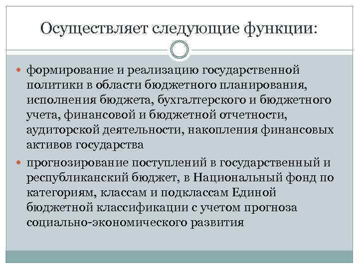 Осуществляет следующие функции: формирование и реализацию государственной политики в области бюджетного планирования, исполнения бюджета,