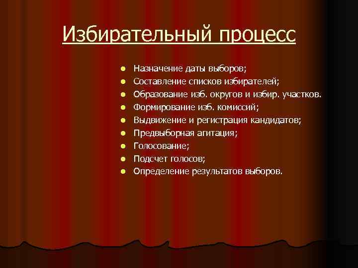 Избирательный процесс l l l l l Назначение даты выборов; Составление списков избирателей; Образование
