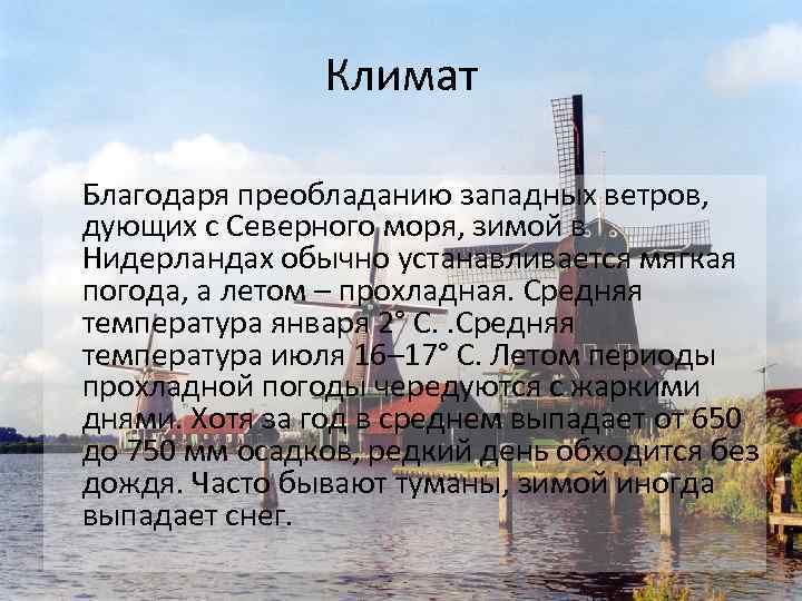Климат Благодаря преобладанию западных ветров, дующих с Северного моря, зимой в Нидерландах обычно устанавливается