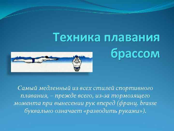Техника плавания брассом Самый медленный из всех стилей спортивного плавания, – прежде всего, из-за