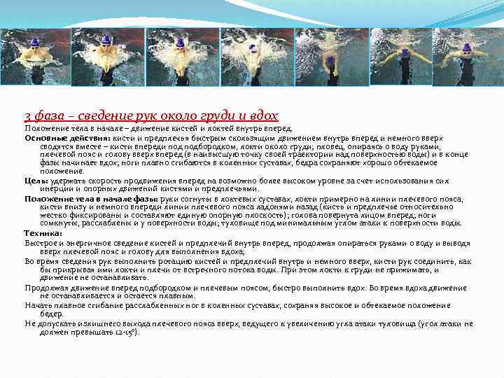 3 фаза – сведение рук около груди и вдох Положение тела в начале –